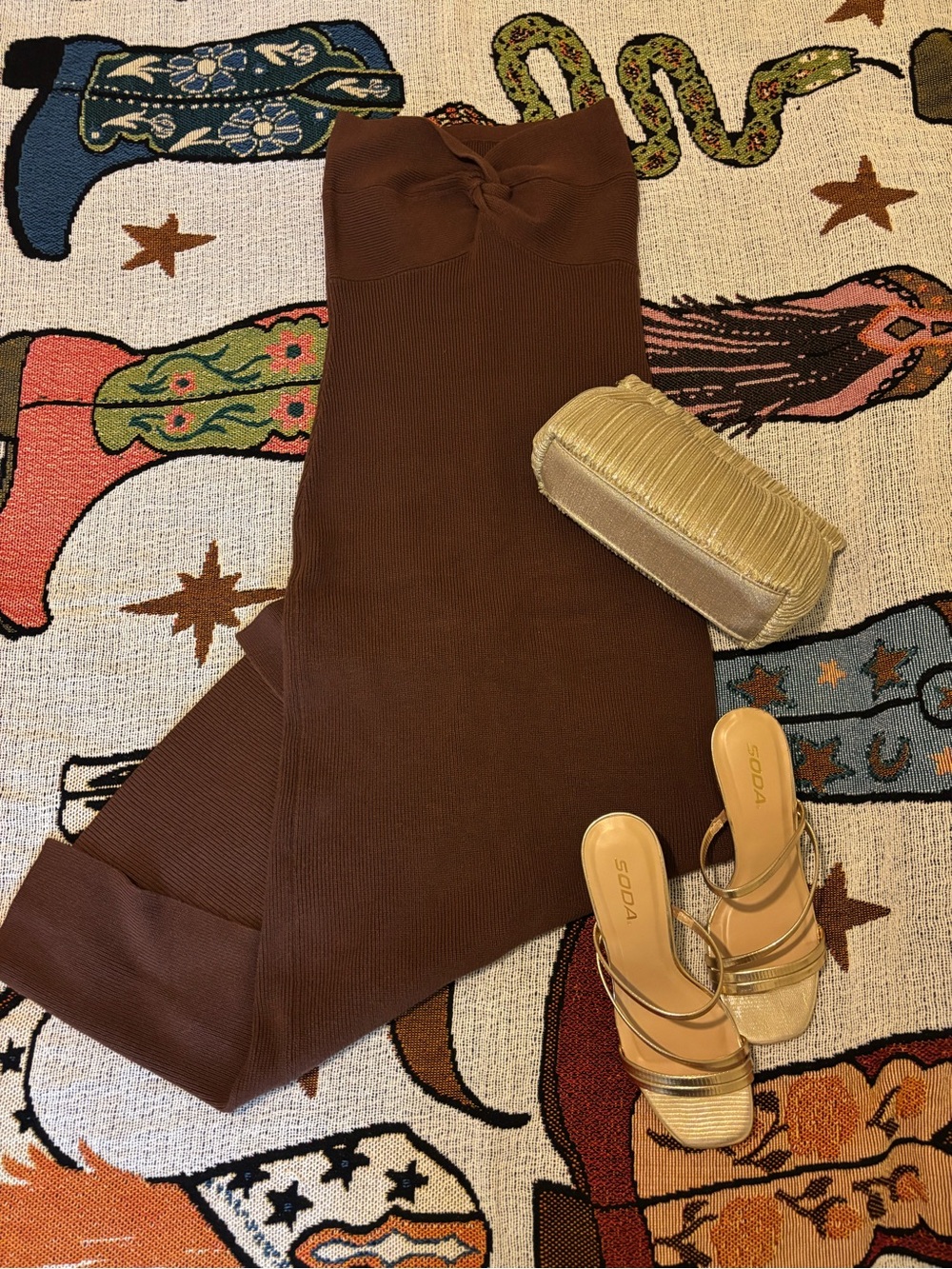 Brown Ribbed Knit Bodycon Dress